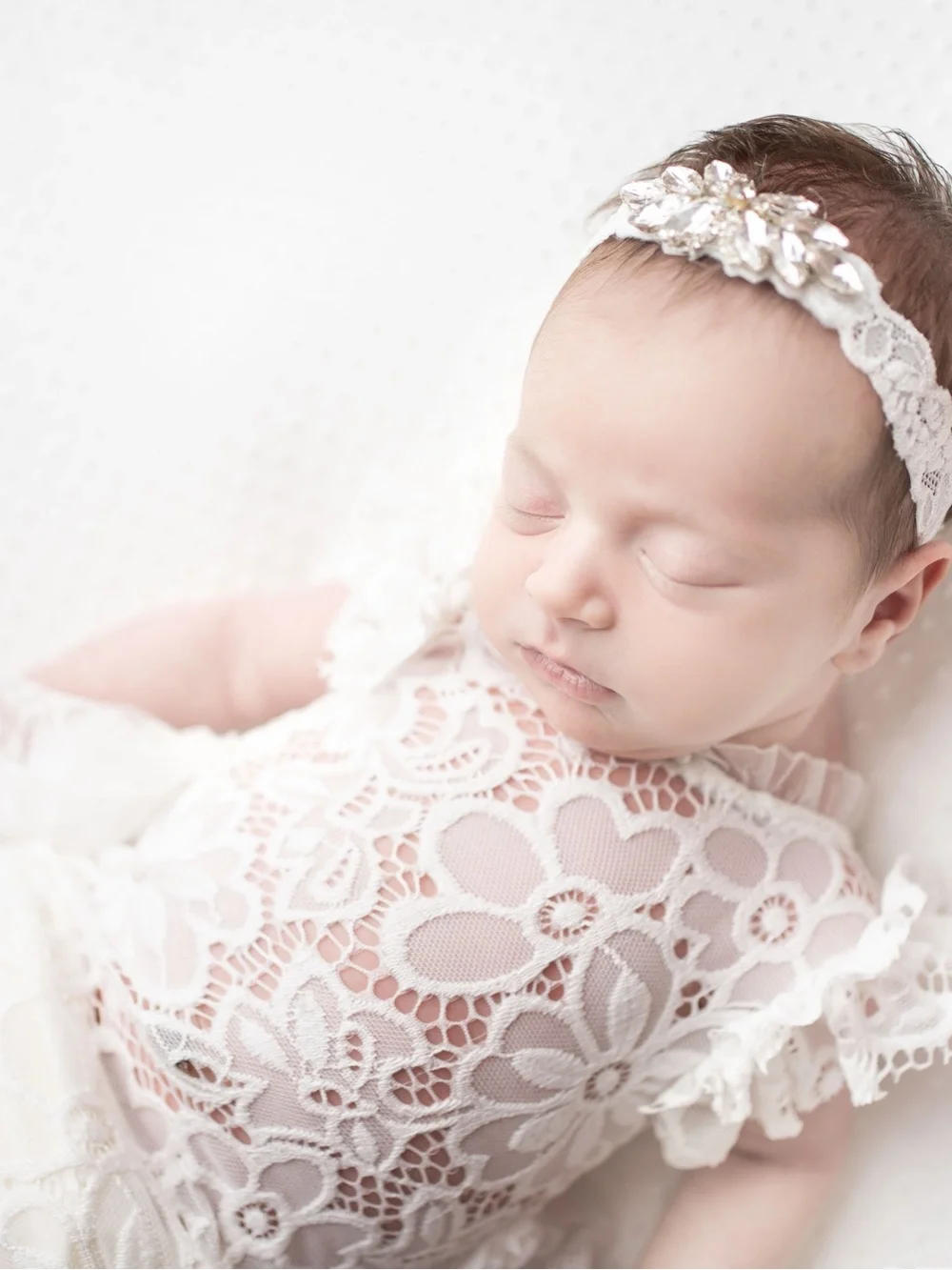 Custom Newborn Ivory Lace Photo Shoot Romper Rhinestone Bowp